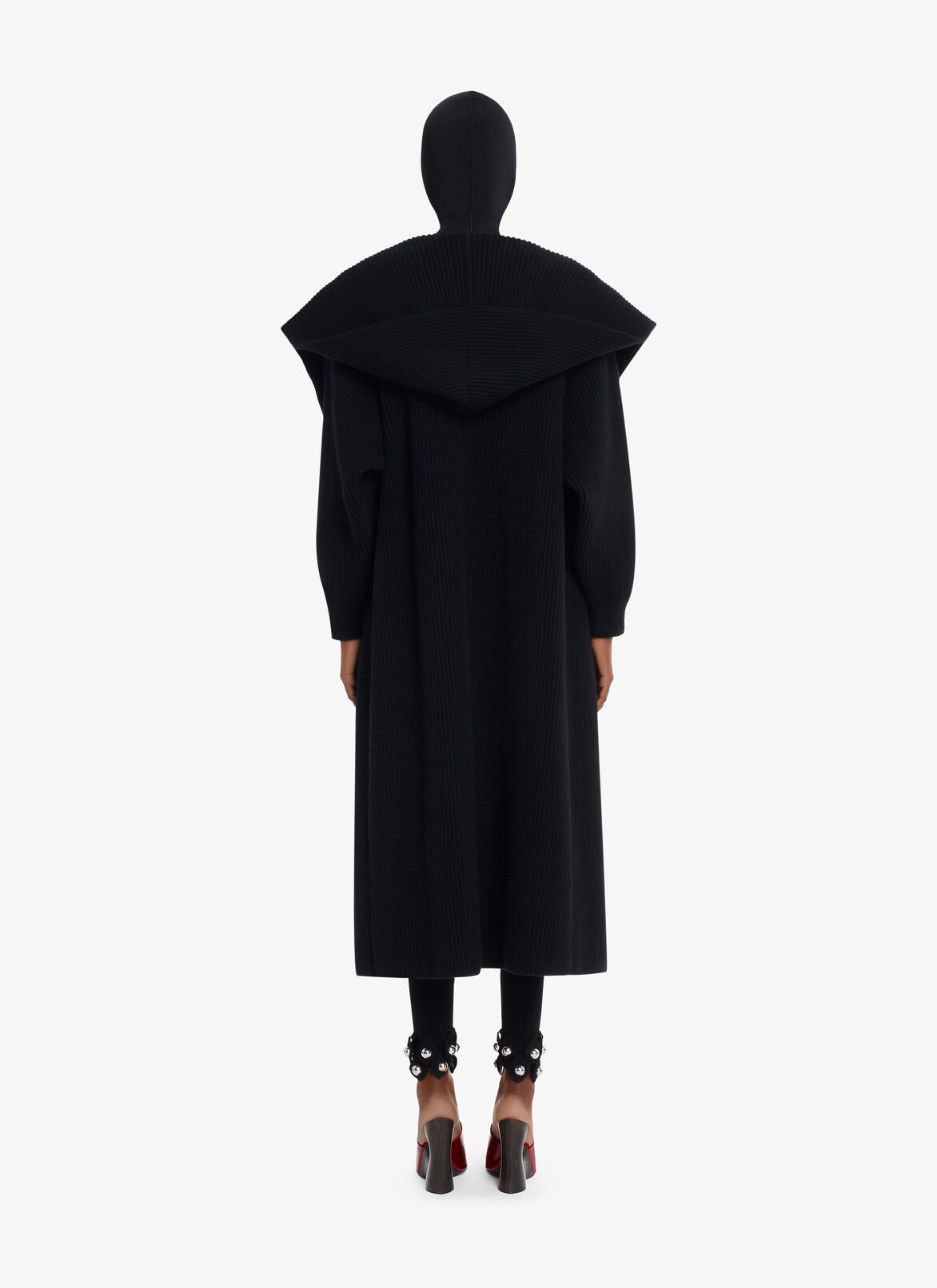 LARGE RIBBED HOODED COAT ALAÏA BLACK LARGE RIBBED HOODED COAT